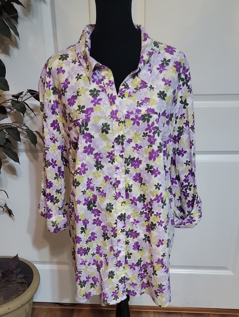 Laura Scott Floral Button-Down Shirt - Purple, Green, Yellow on White
